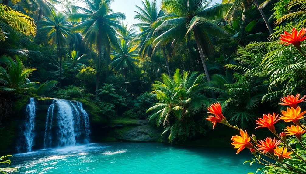 lush greenery and cascading waterfalls