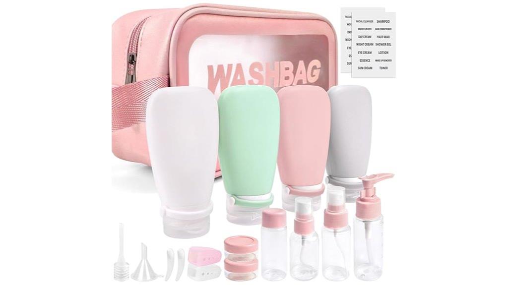 eighteen travel toiletry bottles
