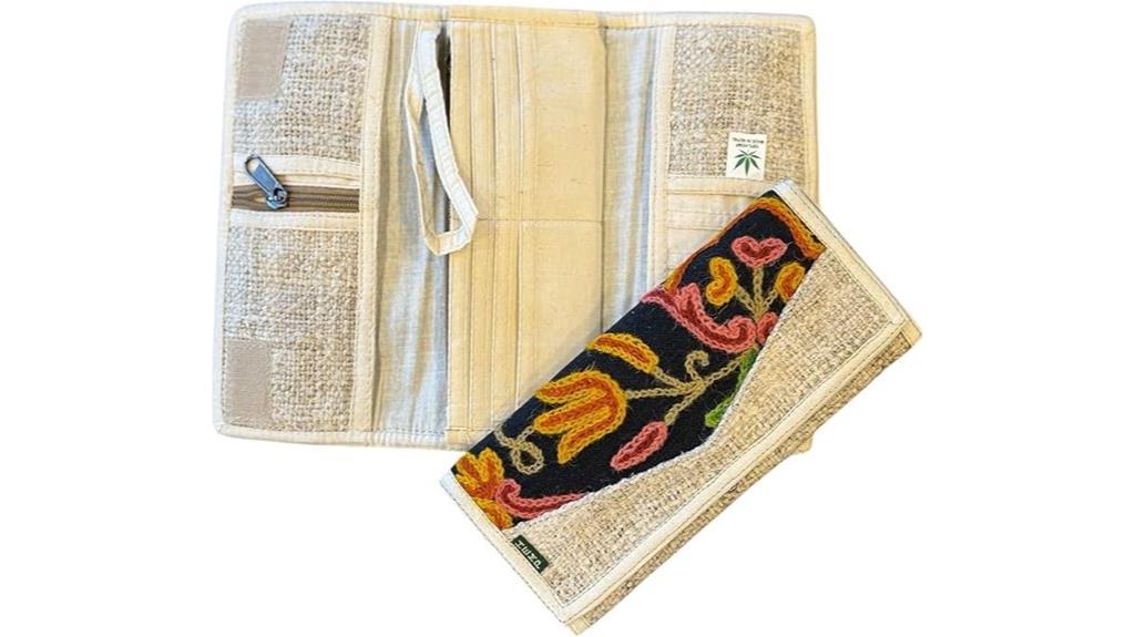 embroidered hemp tri fold wallet