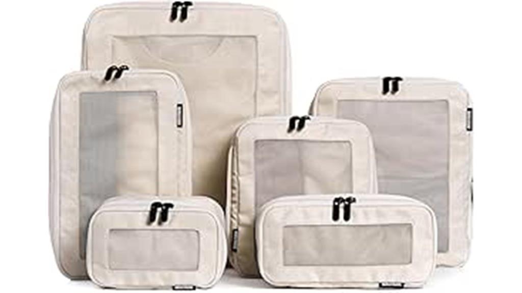 six beige travel packing cubes