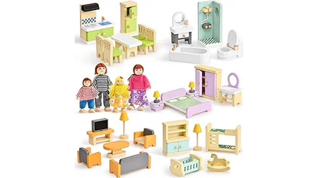wooden dollhouse with furniture