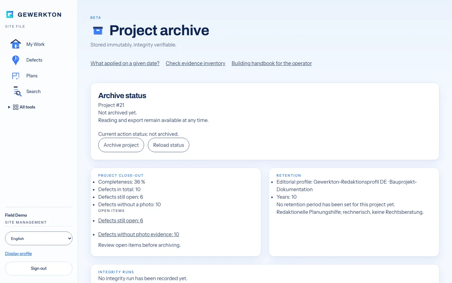 Gewerkton web app, Project archive page marked Beta: cards for archive status, project close-out, retention and integrity runs, with links What applied on a given date, Check evidence inventory and Building handbook for the operator